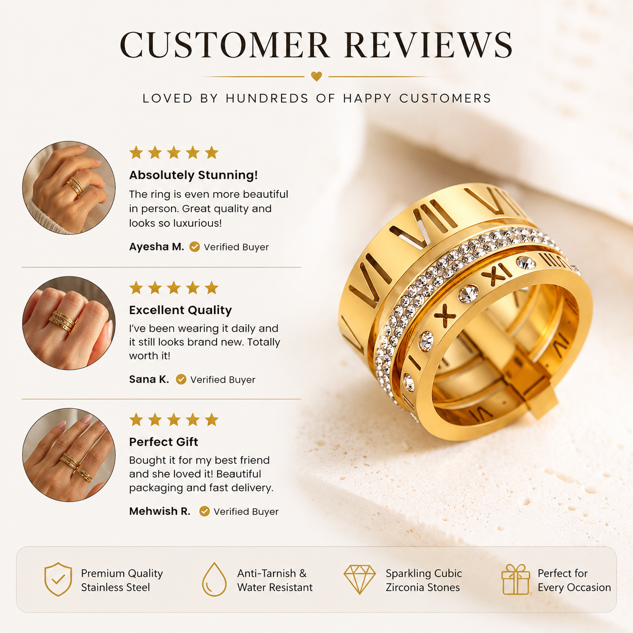 Luxe Roman Crystal Gold Ring