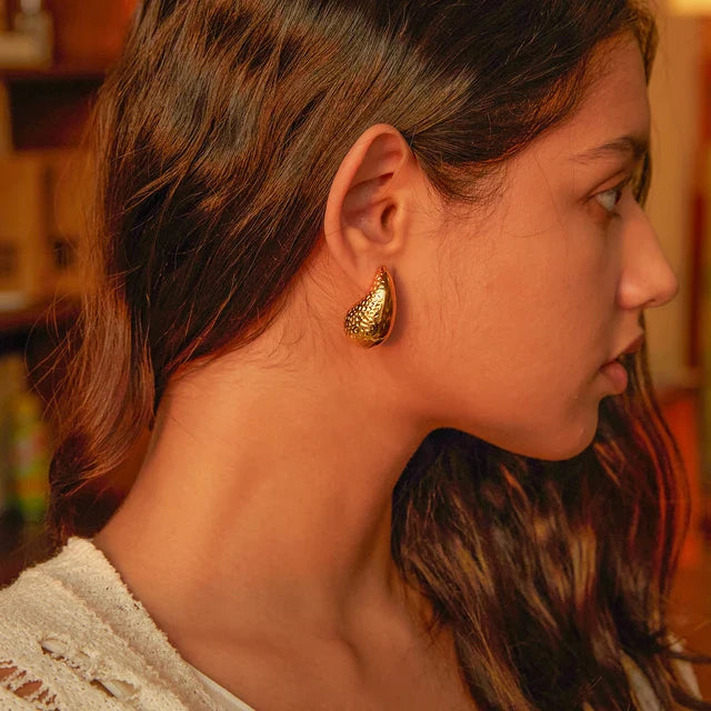 Hammered Gold Drop Shape Hoops
