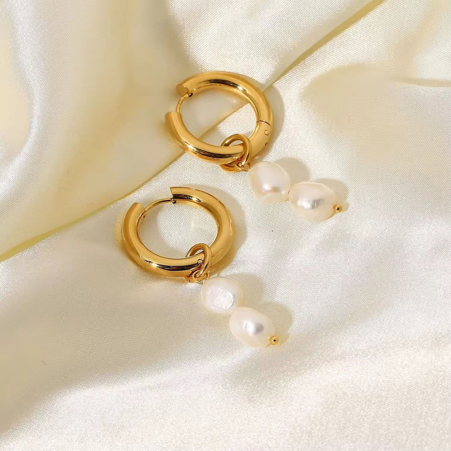 Double Pearl Gold Hoops
