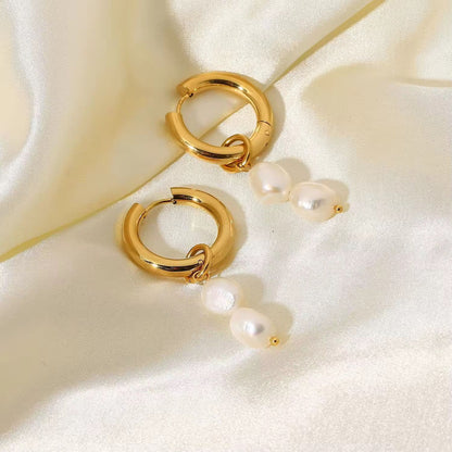 Double Pearl Gold Hoops