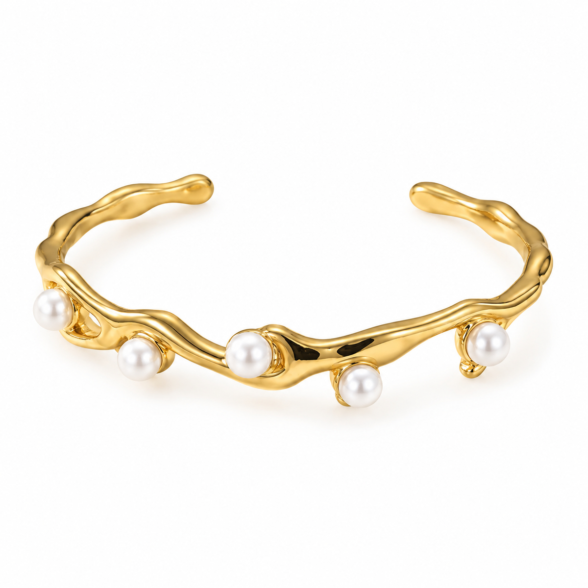 Organic Gold Pearl Cuff Bracelet – Freeform Open Cuff with White Pearls