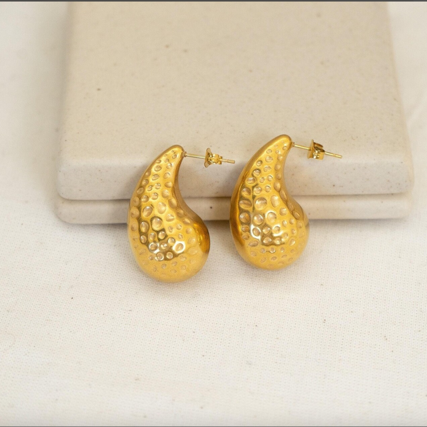Hammered Gold Drop Shape Hoops