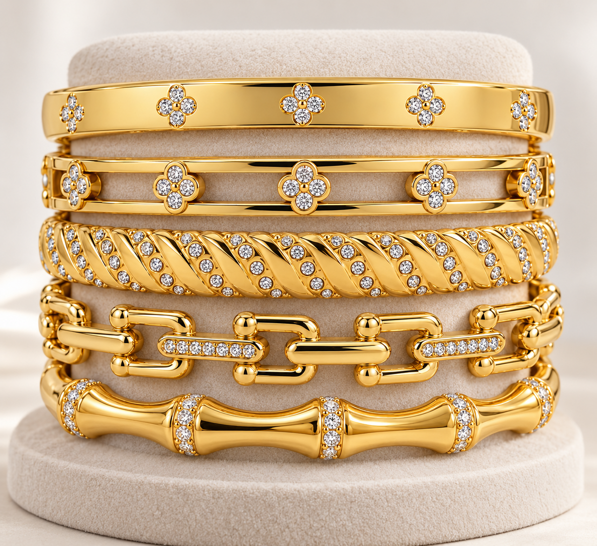 Luxe Crystal Gold Bangle Set - five gold-tone crystal bangles by Jewels by Zoya