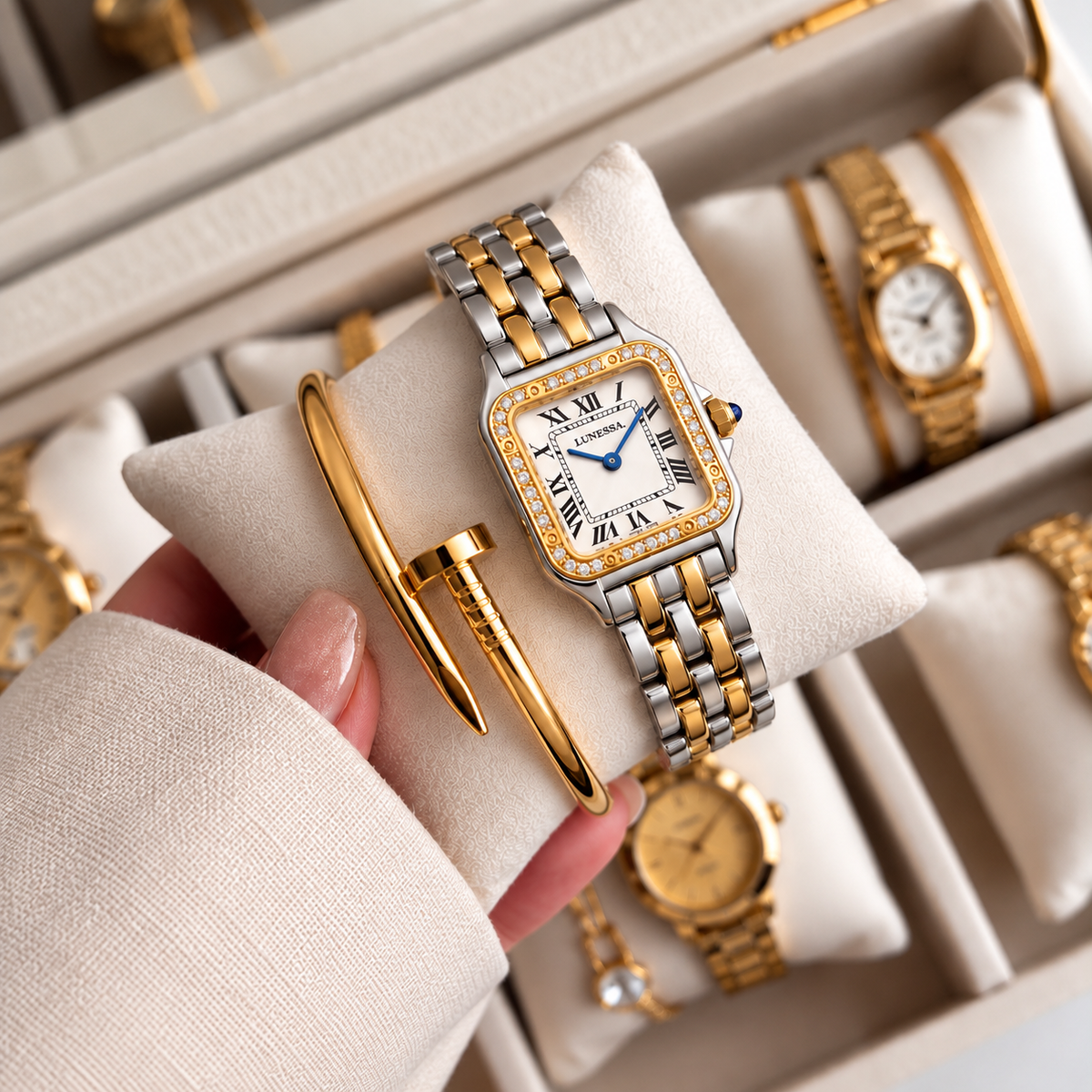 Lunessa two-tone watch and gold bangle set